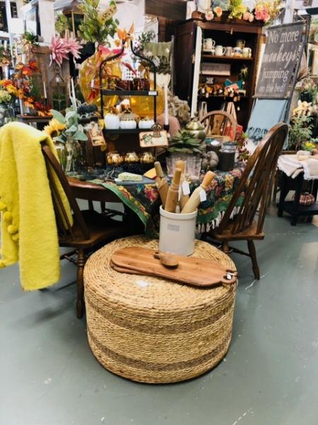 Maple Table and Round Woven Ottoman
